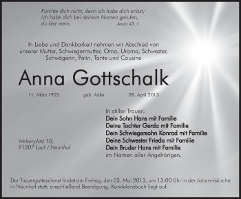 Traueranzeige von Anna Gottschalk von Pegnitz-Zeitung